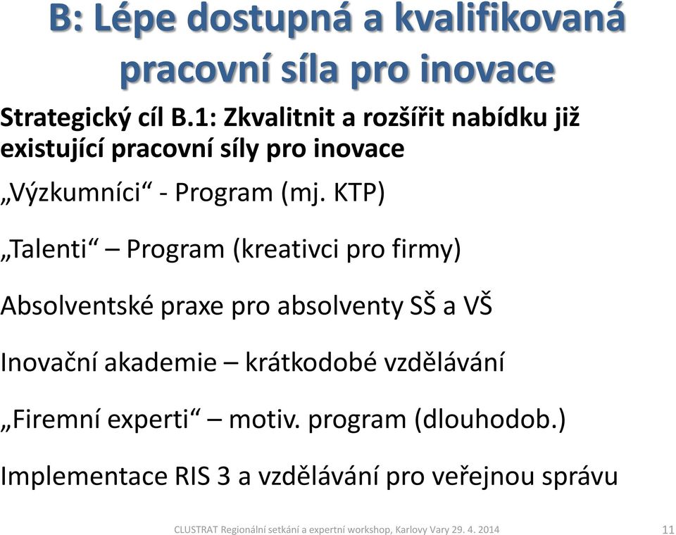 KTP) Talenti Program (kreativci pro firmy) Absolventské praxe pro absolventy SŠ a VŠ Inovační akademie krátkodobé