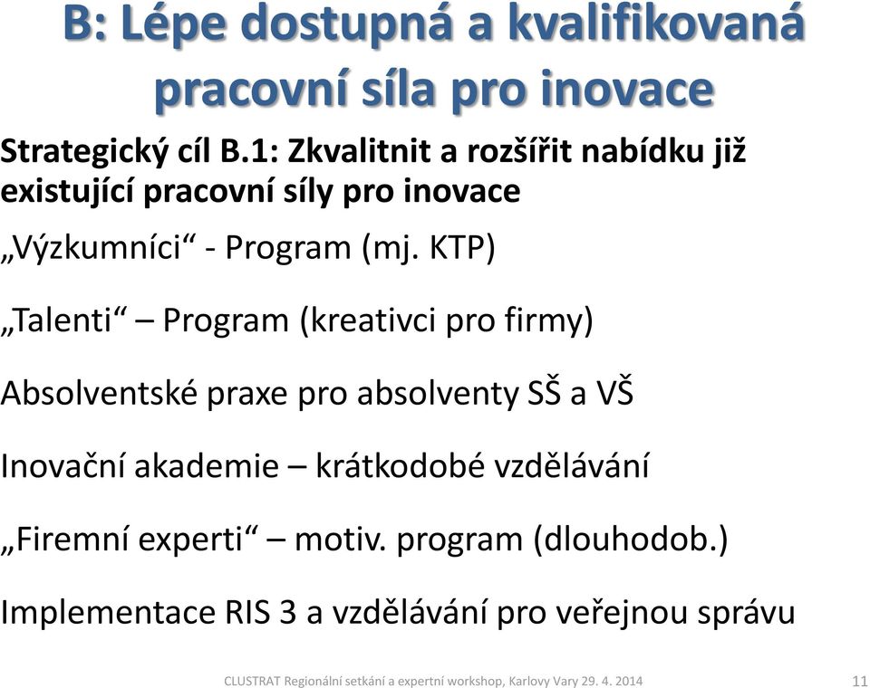 KTP) Talenti Program (kreativci pro firmy) Absolventské praxe pro absolventy SŠ a VŠ Inovační akademie krátkodobé