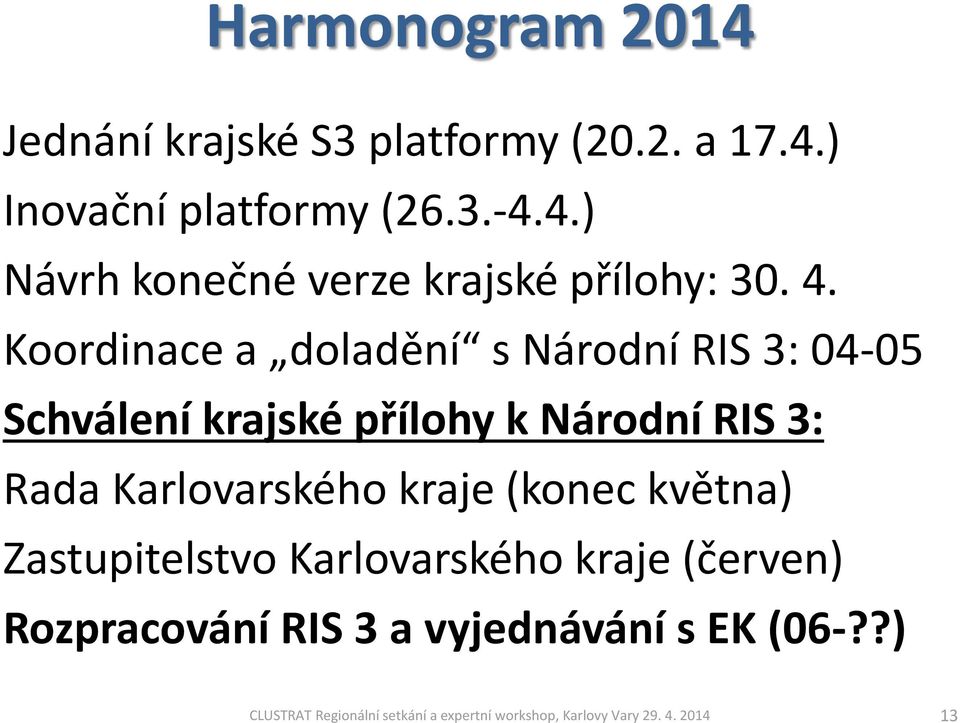 Karlovarského kraje (konec května) Zastupitelstvo Karlovarského kraje (červen) Rozpracování RIS 3 a