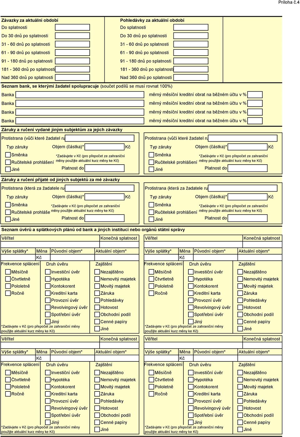 bank, se kterými žadatel spolupracuje (součet podílů se musí rovnat 100%) Banka Banka Banka Banka Průměrný měsíční kreditní obrat na běžném účtu v % Průměrný měsíční kreditní obrat na běžném účtu v %