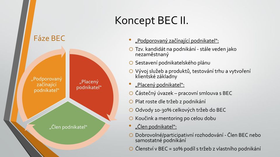 základny Placený podnikatel : o Částečný úvazek pracovní smlouva s BEC o Plat roste dle tržeb z podnikání o Odvody 10-30% celkových tržeb do BEC o Koučink