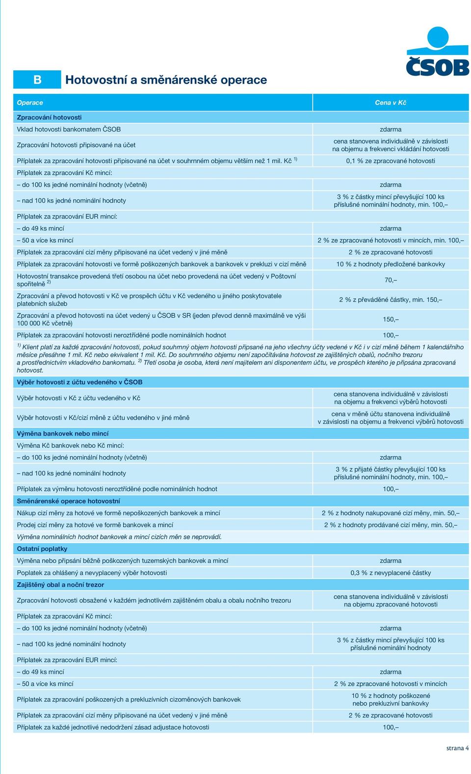 Kč 1) Příplatek za zpracování Kč mincí: cena stanovena individuálně v závislosti na objemu a frekvenci vkládání hotovosti 0,1 % ze zpracované hotovosti do 100 ks jedné nominální hodnoty (včetně) nad