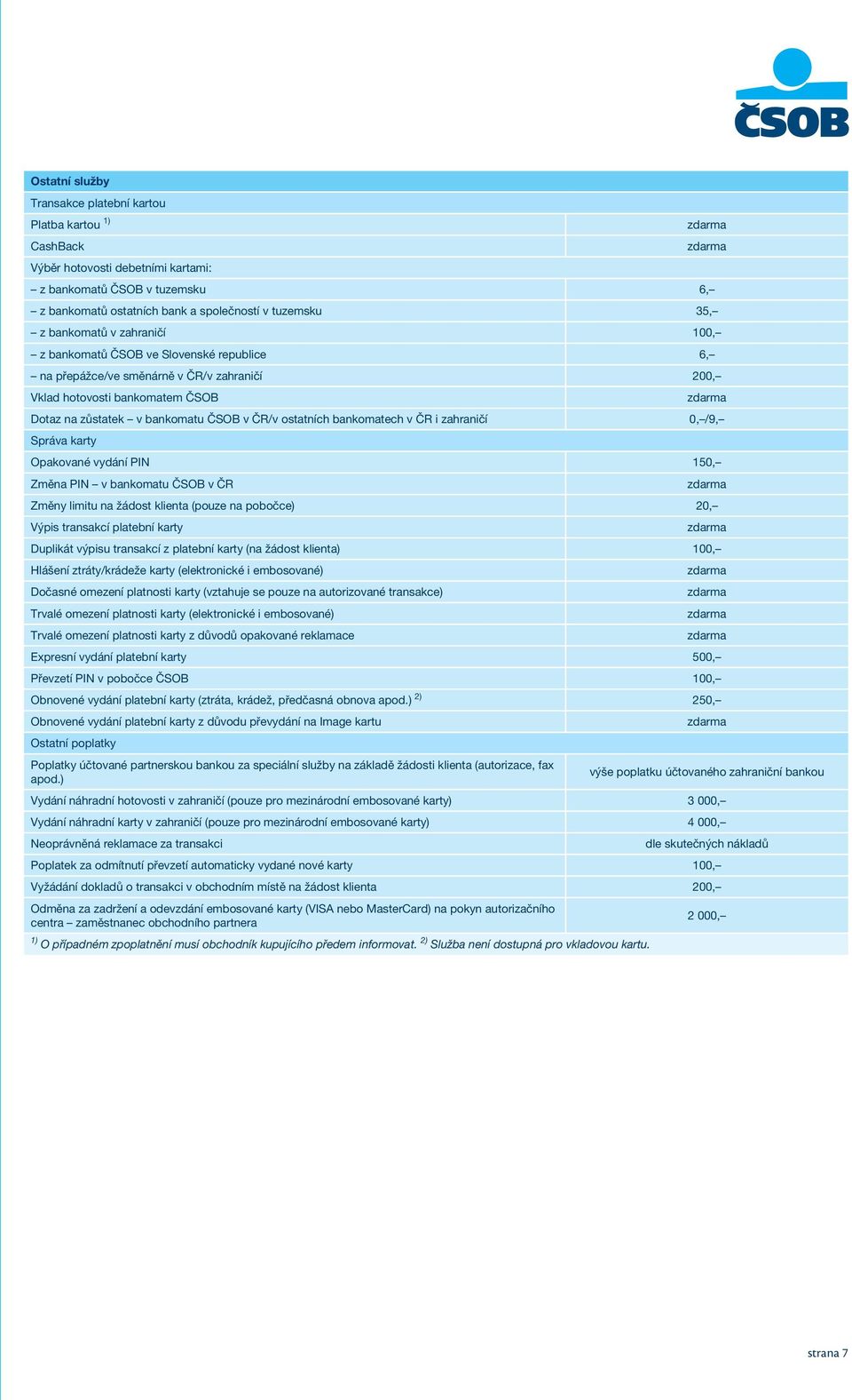 bankomatech v ČR i zahraničí 0, /9, Správa karty Opakované vydání PIN 150, Změna PIN v bankomatu ČSOB v ČR Změny limitu na žádost klienta (pouze na pobočce) 20, Výpis transakcí platební karty