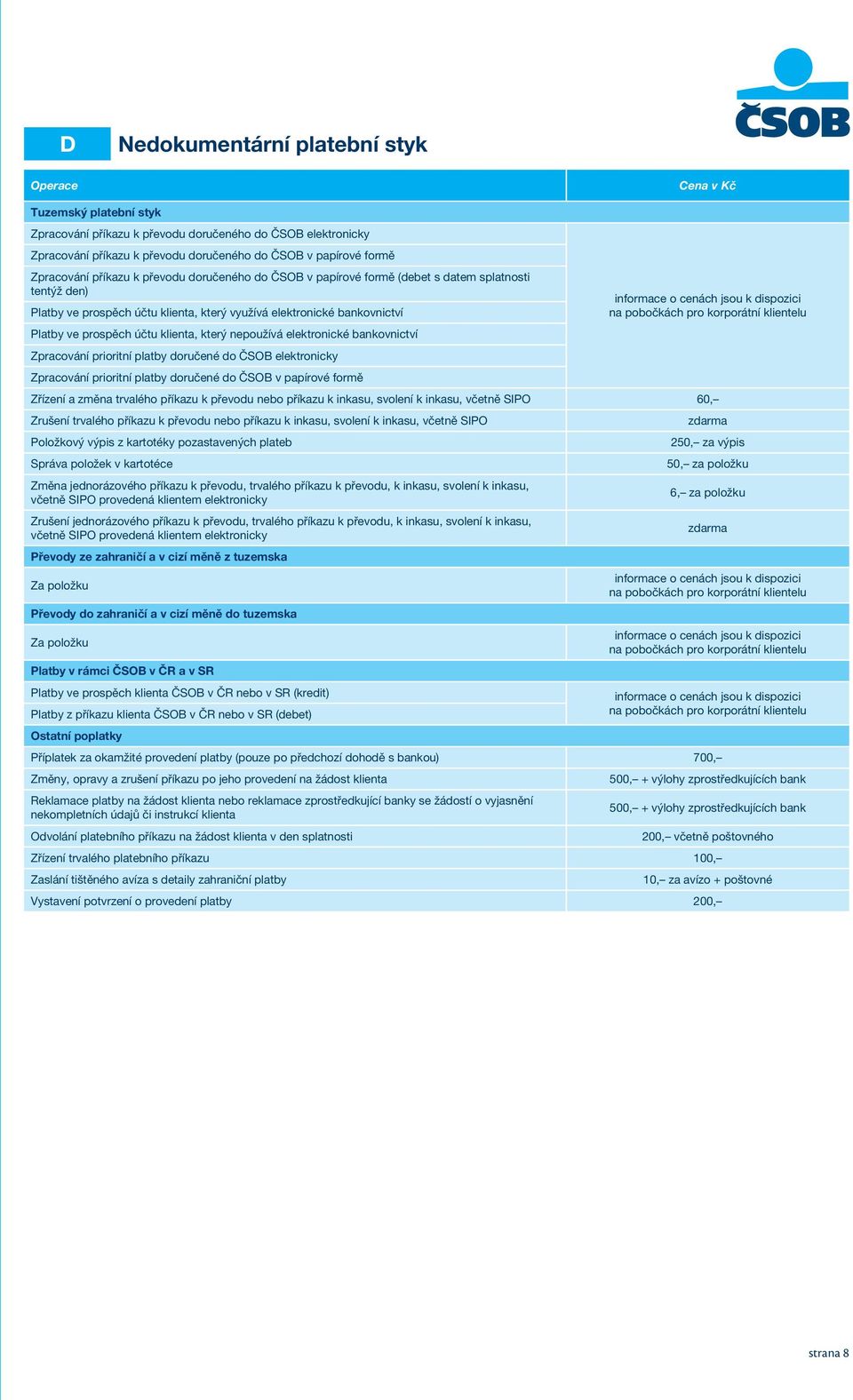 nepoužívá elektronické bankovnictví Zpracování prioritní platby doručené do ČSOB elektronicky Zpracování prioritní platby doručené do ČSOB v papírové formě Zřízení a změna trvalého příkazu k převodu