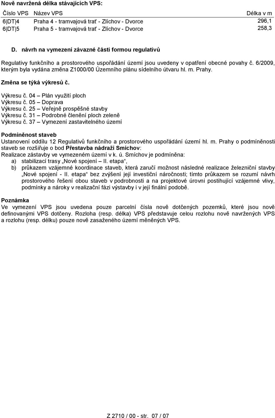 6/2009, kterým byla vydána změna Z1000/00 Územního plánu sídelního útvaru hl. m. Prahy. Změna se týká výkresů č. Výkresu č. 04 Plán využití ploch Výkresu č. 05 Doprava Výkresu č.