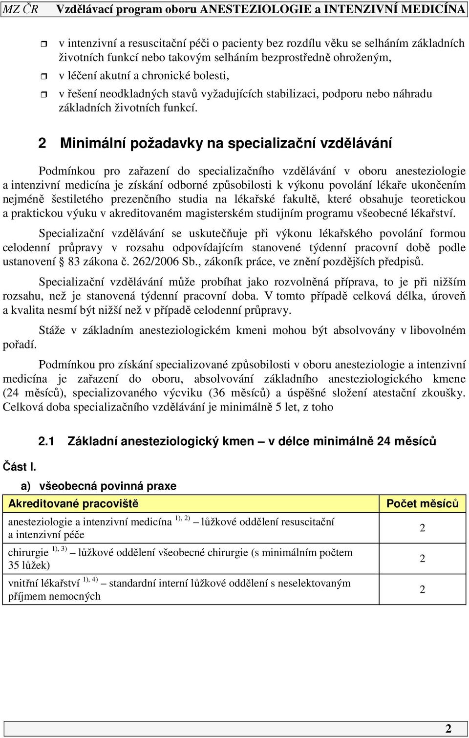 2 Minimální požadavky na specializační vzdělávání Podmínkou pro zařazení do specializačního vzdělávání v oboru anesteziologie a intenzivní medicína je získání odborné způsobilosti k výkonu povolání