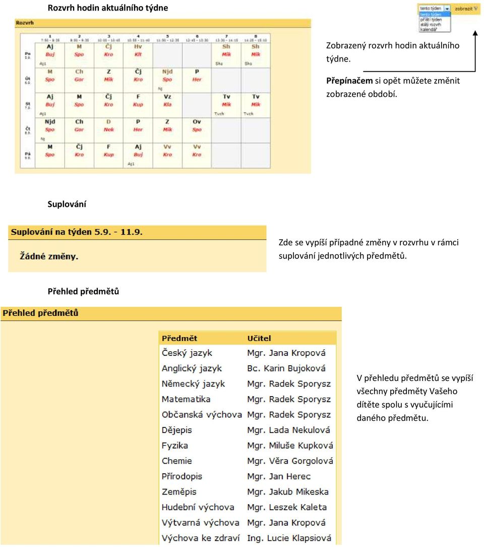 Suplování Zde se vypíší případné změny v rozvrhu v rámci suplování jednotlivých