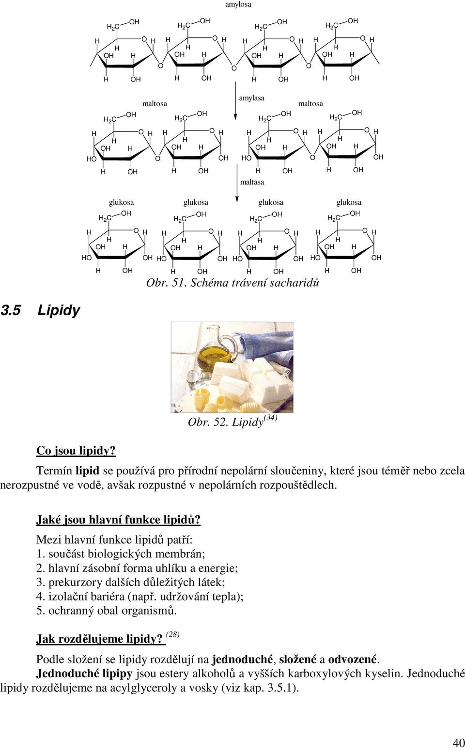 Mezi hlavní funkce lipidů patří: 1. součást biologických membrán; 2. hlavní zásobní forma uhlíku a energie; 3. prekurzory dalších důležitých látek; 4. izolační bariéra (např. udržování tepla); 5.