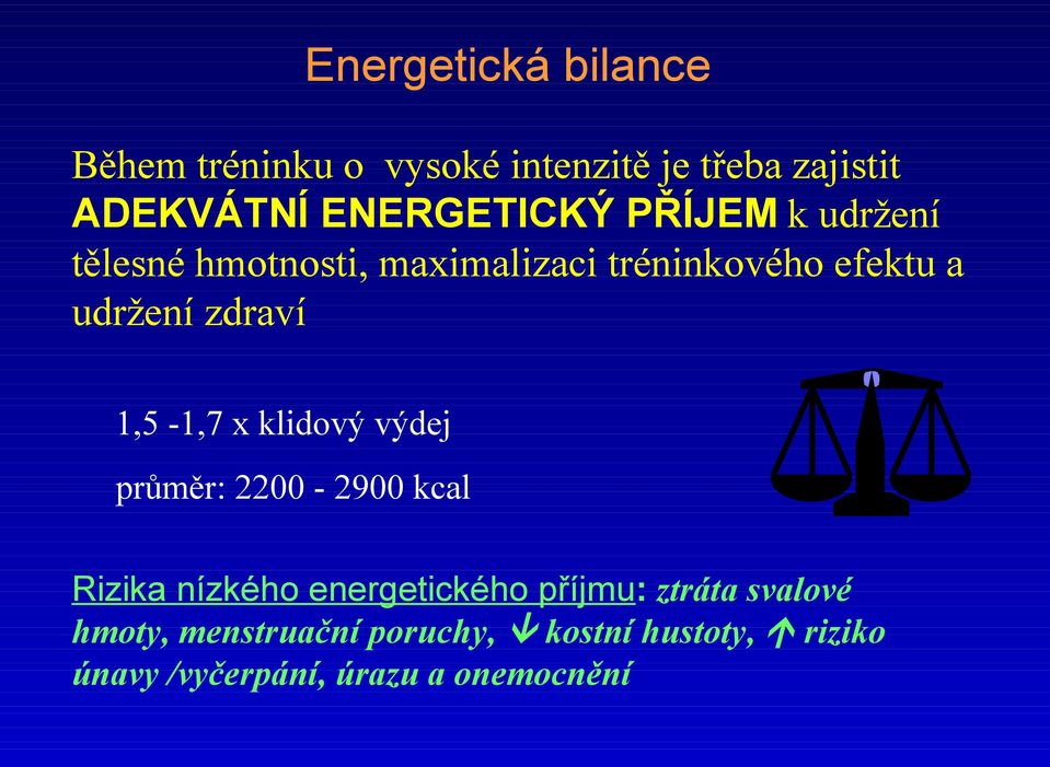 zdraví 1,5-1,7 x klidový výdej průměr: 2200-2900 kcal Rizika nízkého energetického příjmu: