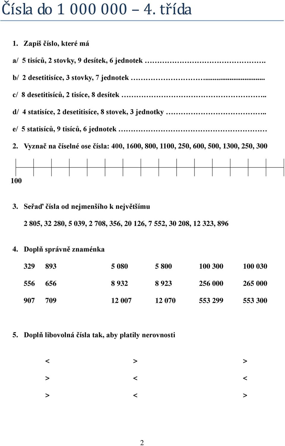 Vyznač na číselné ose čísla: 400, 1600, 800, 1100, 250, 600, 500, 1300, 250, 300 100 3.