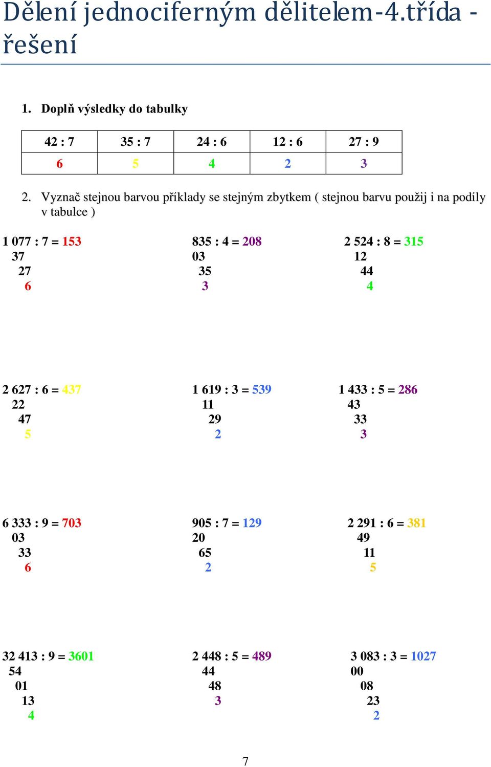 524 : 8 = 315 37 03 12 27 35 44 6 3 4 2 627 : 6 = 437 1 619 : 3 = 539 1 433 : 5 = 286 22 11 43 47 29 33 5 2 3 6 333 : 9 = 703