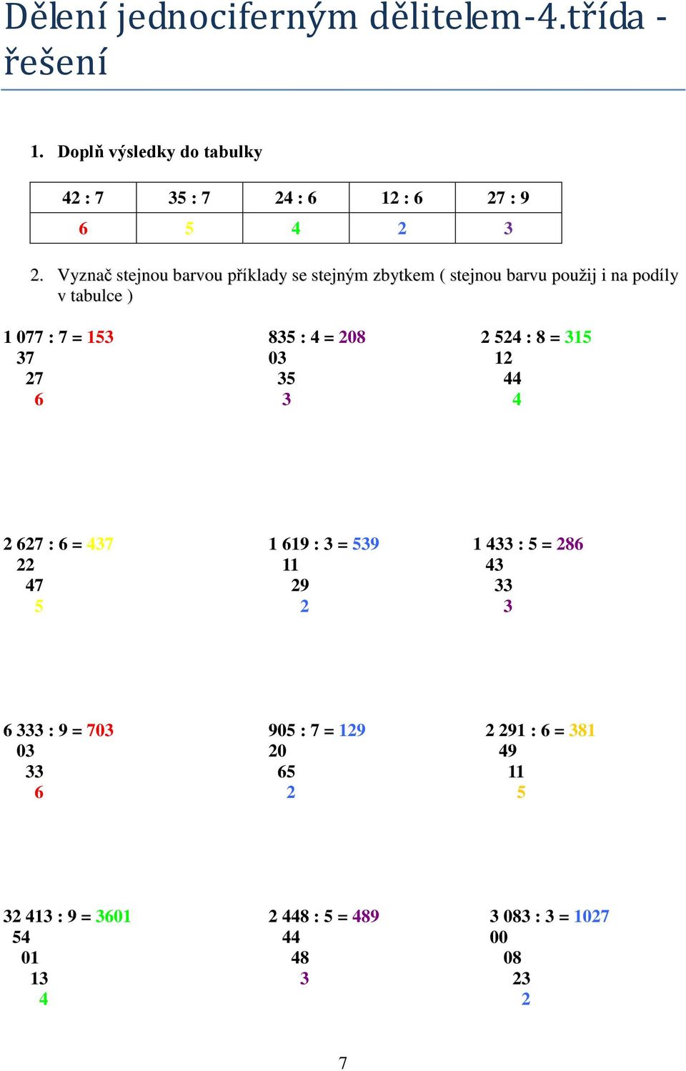 524 : 8 = 315 37 03 12 27 35 44 6 3 4 2 627 : 6 = 437 1 619 : 3 = 539 1 433 : 5 = 286 22 11 43 47 29 33 5 2 3 6 333 : 9 = 703