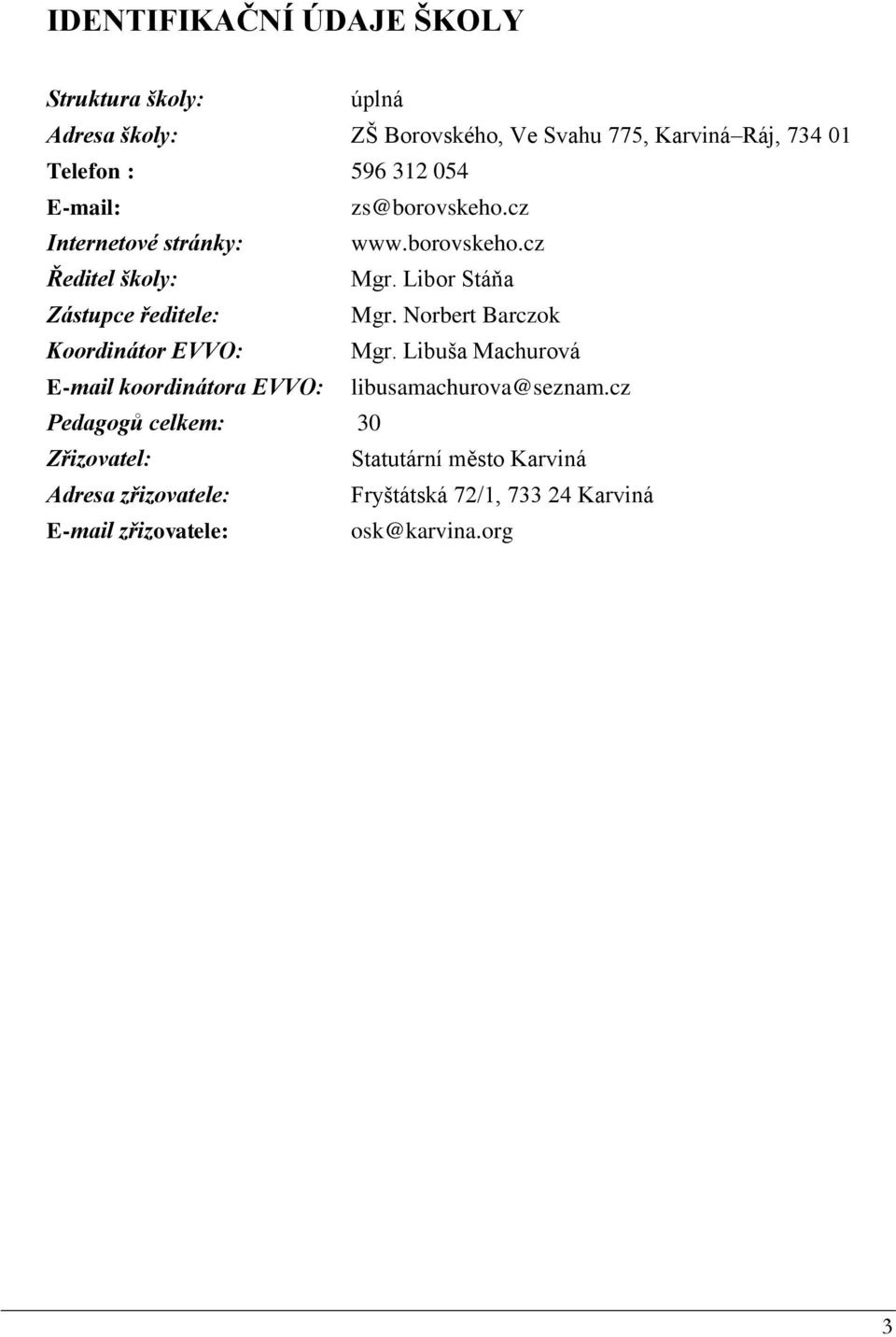 Norbert Barczok Koordinátor EVVO: Mgr. Libuša Machurová E-mail koordinátora EVVO: libusamachurova@seznam.