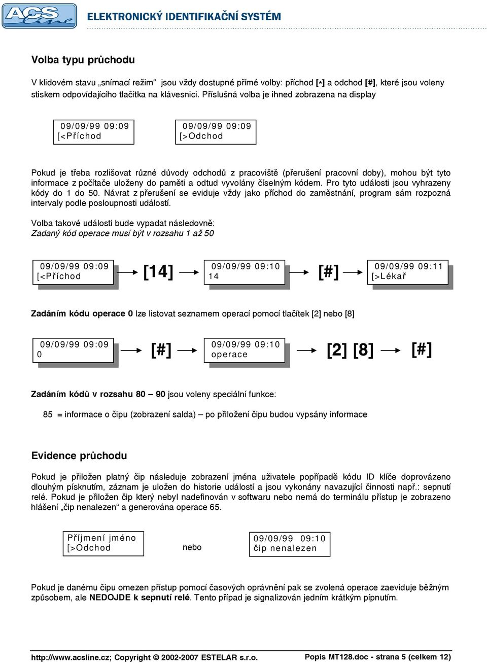 informace z počítače uloženy do paměti a odtud vyvolány číselným kódem. Pro tyto události jsou vyhrazeny kódy do 1 do 50.