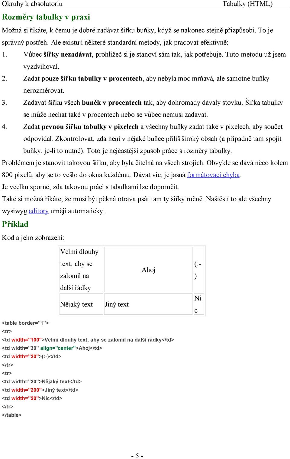Zadat pouze šířku tabulky v procentech, aby nebyla moc mrňavá, ale samotné buňky nerozměrovat. 3. Zadávat šířku všech buněk v procentech tak, aby dohromady dávaly stovku.