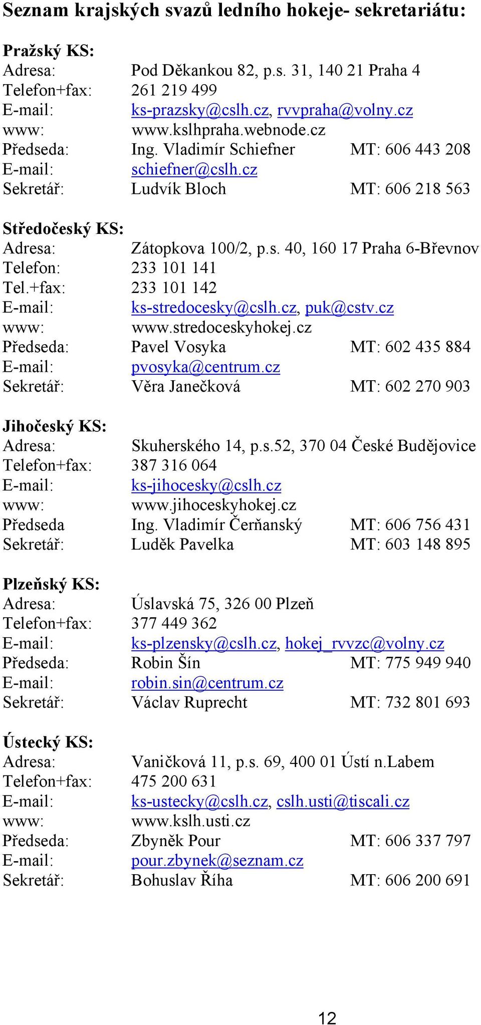 +fax: 233 101 142 E-mail: ks-stredocesky@cslh.cz, puk@cstv.cz www: www.stredoceskyhokej.cz Předseda: Pavel Vosyka MT: 602 435 884 E-mail: pvosyka@centrum.