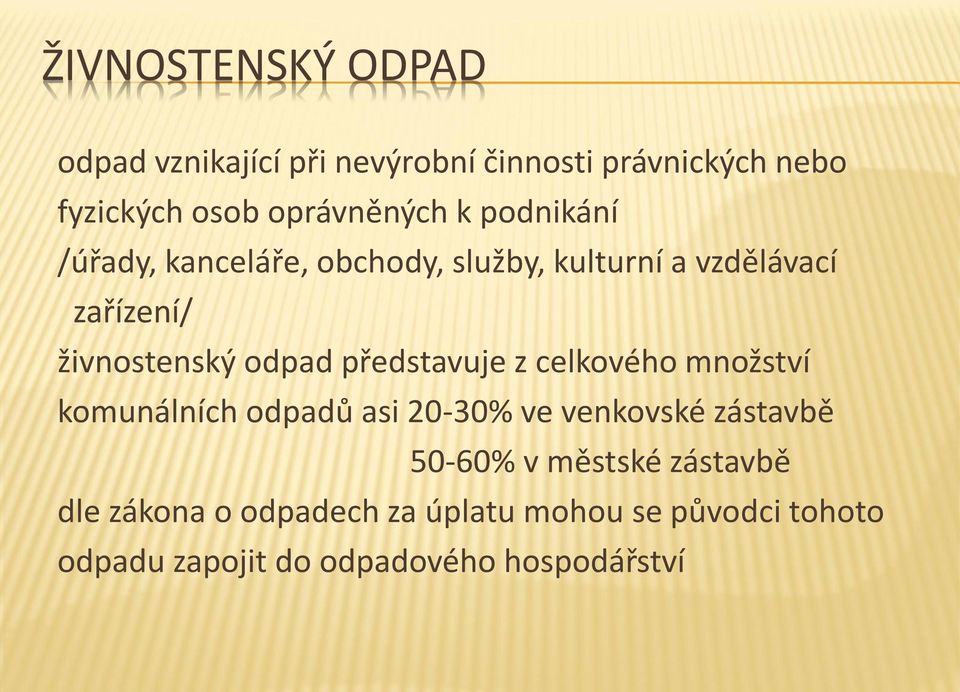 představuje z celkového množství komunálních odpadů asi 20-30% ve venkovské zástavbě 50-60% v městské