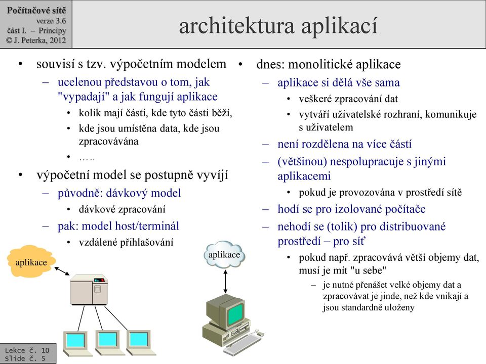 . výpočetní model se postupně vyvíjí aplikace původně: dávkový model dávkové zpracování pak: model host/terminál vzdálené přihlašování aplikace dnes: monolitické aplikace aplikace si dělá vše sama