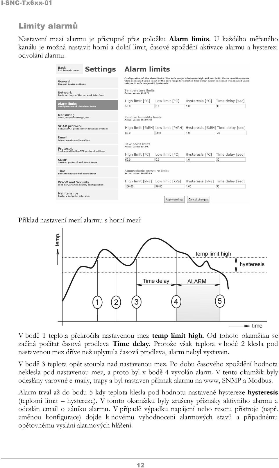 Příklad nastavení mezí alarmu s horní mezí: V bodě 1 teplota překročila nastavenou mez temp limit high. Od tohoto okamžiku se začíná počítat časová prodleva Time delay.