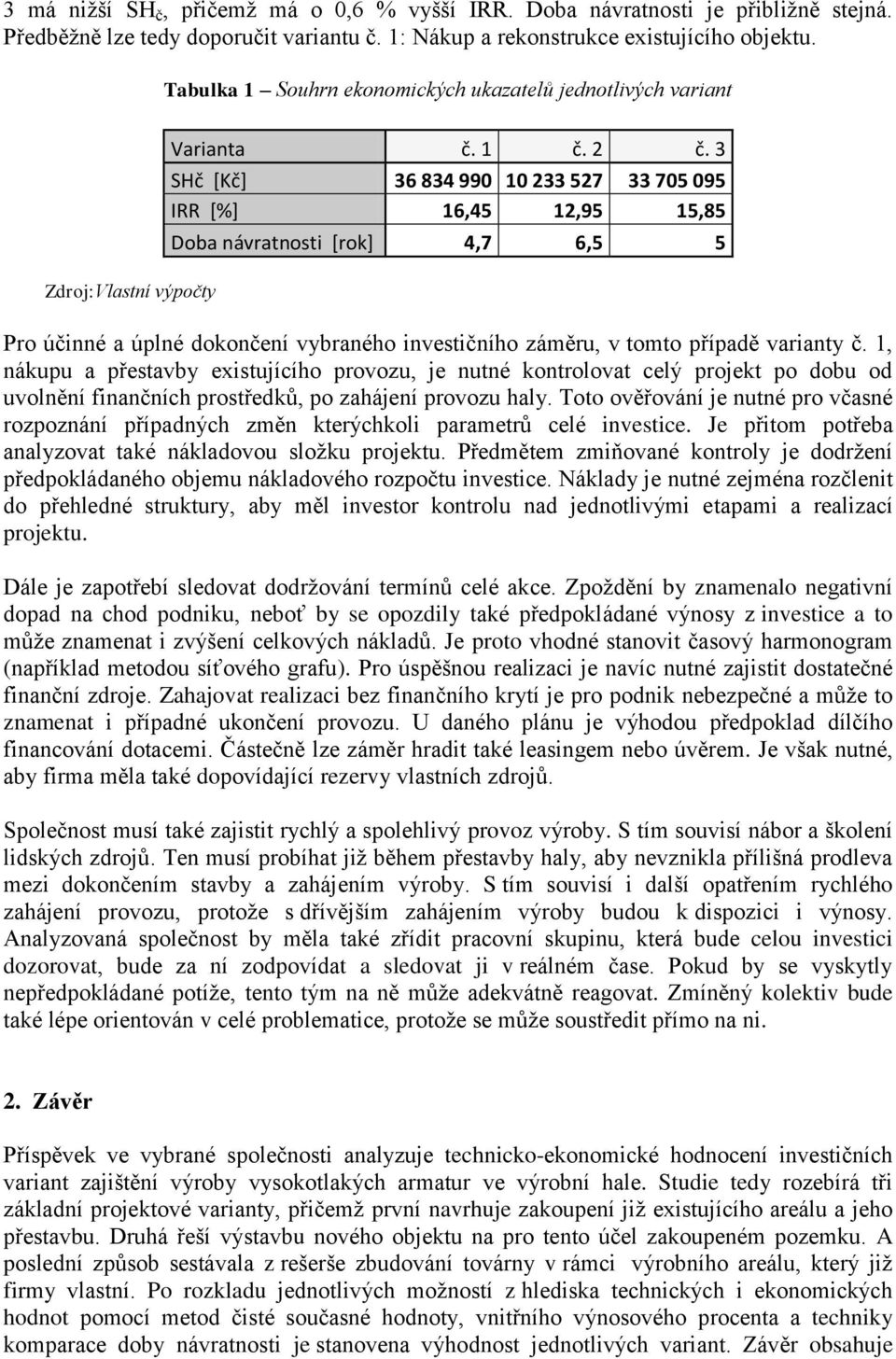 3 SHč [Kč] 36 834 990 10 233 527 33 705 095 IRR [%] 16,45 12,95 15,85 Doba návratnosti [rok] 4,7 6,5 5 Pro účinné a úplné dokončení vybraného investičního záměru, v tomto případě varianty č.