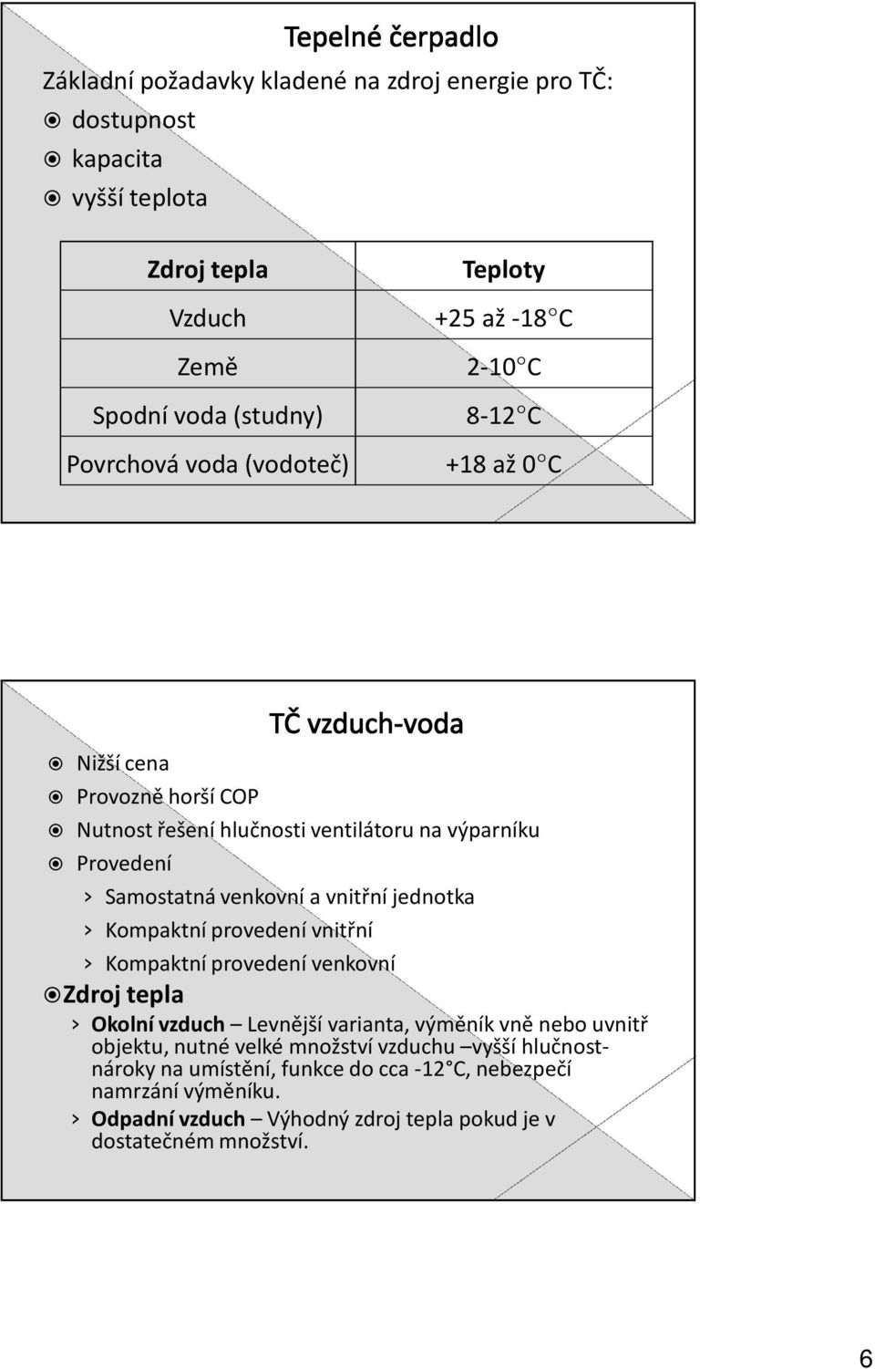 vnitřní jednotka Kompaktní provedení vnitřní Kompaktní provedení venkovní Zdroj tepla Okolní vzduch Levnější varianta, výměník vně nebo uvnitř objektu, nutné