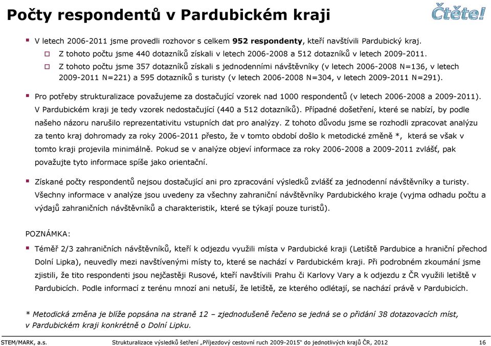 Z tohoto počtu jsme 357 dotazníků získali s jednodenními návštěvníky (v letech 2006-2008 N=136, v letech 2009-2011 N=221) a 595 dotazníků s turisty (v letech 2006-2008 N=304, v letech 2009-2011