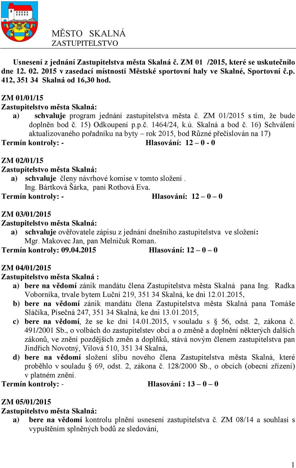 16) Schválení aktualizovaného pořadníku na byty rok 2015, bod Různé přečíslován na 17) Termín kontroly: - Hlasování: 12 0-0 ZM 02/01/15 a) schvaluje členy návrhové komise v tomto složení. Ing.