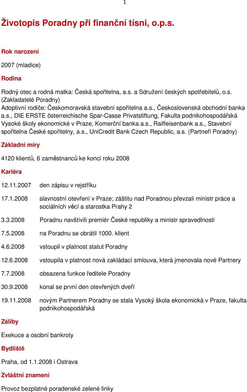 s., UniCredit Bank Czech Republic, a.s. (Partneři Poradny) Základní míry 4120 klientů, 6 zaměstnanců ke konci roku 2008 Kariéra 12.11.2007 den zápisu v rejstříku 17.1.2008 slavnostní otevření v Praze; záštitu nad Poradnou převzali ministr práce a sociálních věcí a starostka Prahy 2 3.