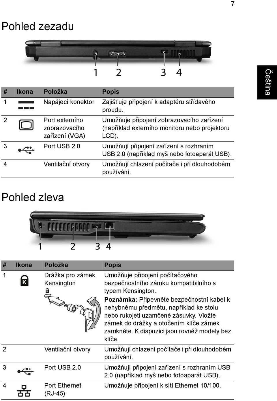 0 Umožňují připojení zařízení s rozhraním USB 2.0 (například myš nebo fotoaparát USB). 4 Ventilační otvory Umožňují chlazení počítače i při dlouhodobém používání.
