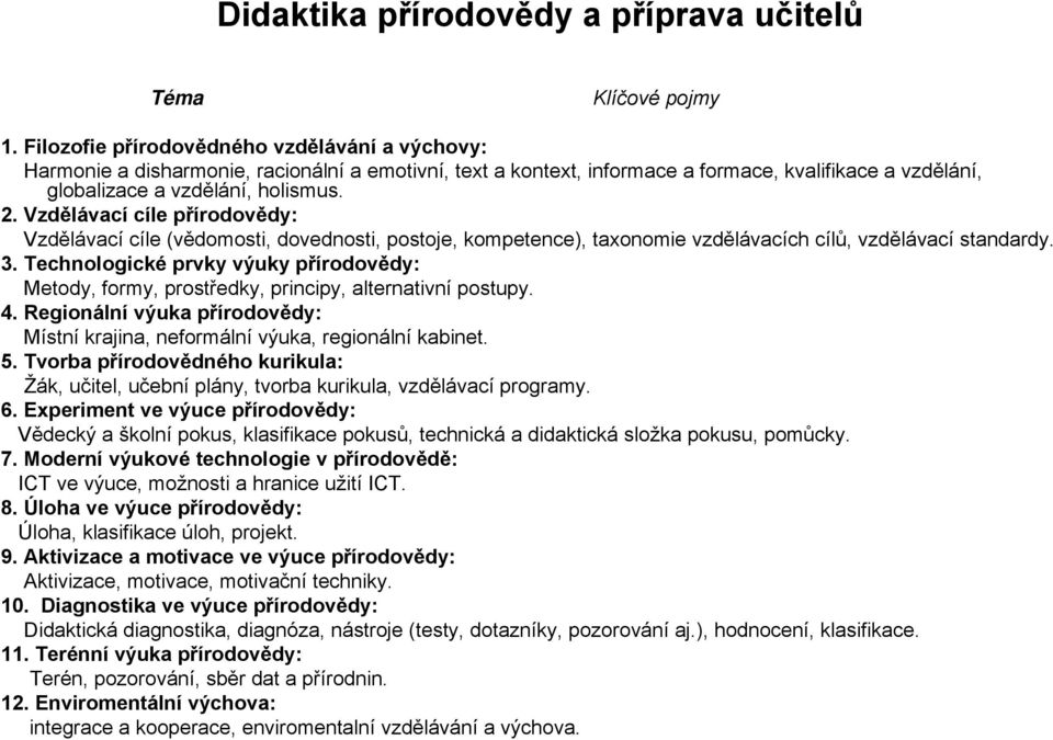 Vzdělávací cíle přírodovědy: Vzdělávací cíle (vědomosti, dovednosti, postoje, kompetence), taxonomie vzdělávacích cílů, vzdělávací standardy. 3.