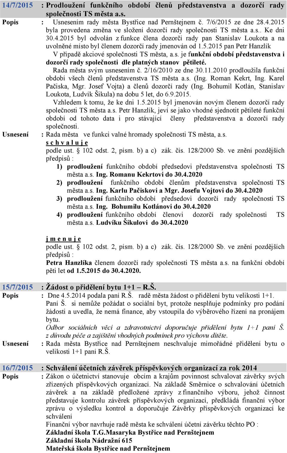 s. je funkční období představenstva i dozorčí rady společnosti dle platných stanov pětileté. Rada města svým usnesením č. 2/16/2010 ze dne 30.11.