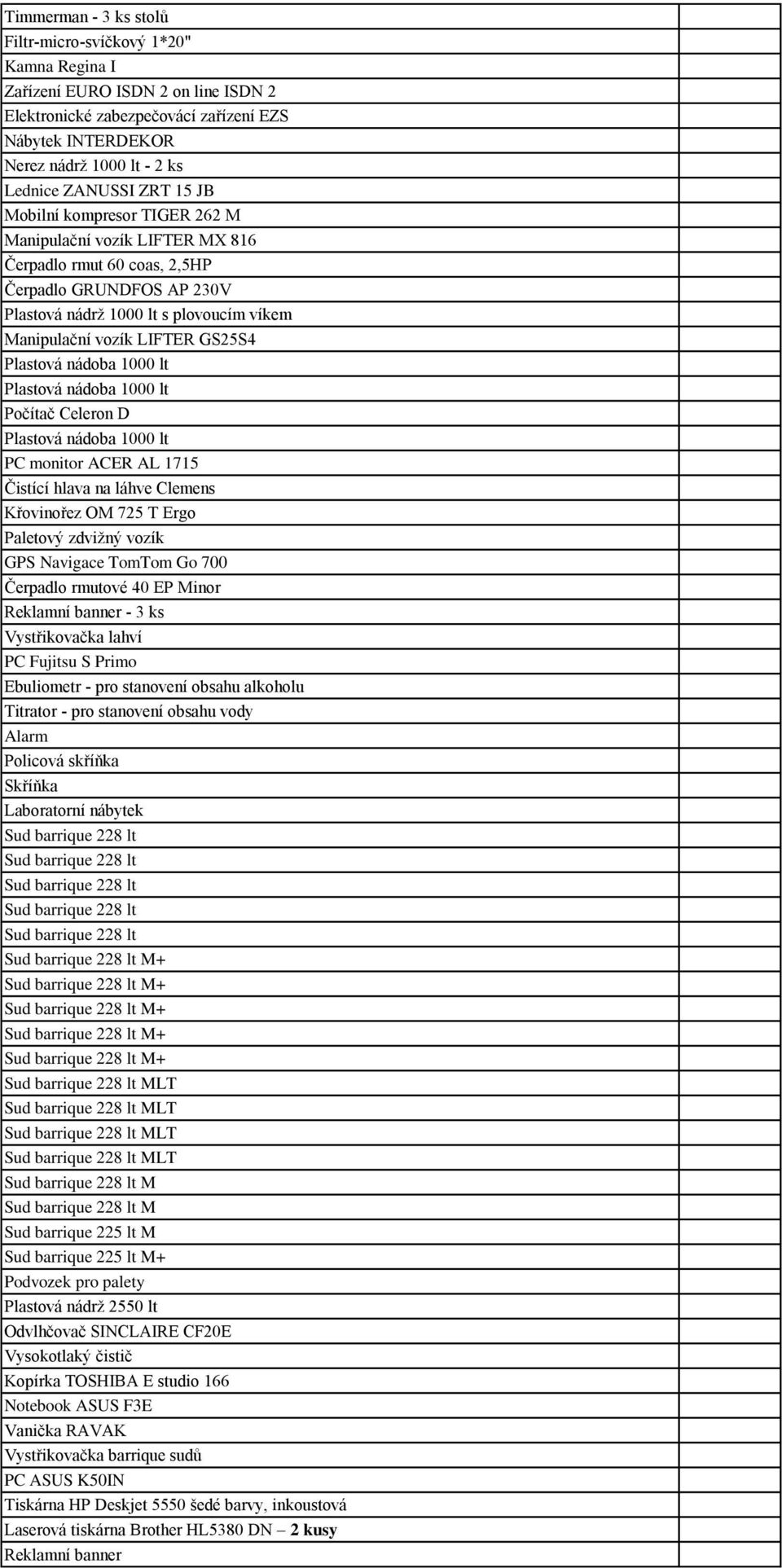 LIFTER GS25S4 Plastová nádoba 1000 lt Plastová nádoba 1000 lt Počítač Celeron D Plastová nádoba 1000 lt PC monitor ACER AL 1715 Čistící hlava na láhve Clemens Křovinořez OM 725 T Ergo Paletový