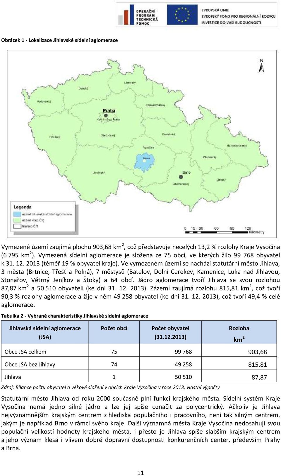 Ve vymezeném území se nachází statutární město Jihlava, 3 města (Brtnice, Třešť a Polná), 7 městysů (Batelov, Dolní Cerekev, Kamenice, Luka nad Jihlavou, Stonařov, Větrný Jeníkov a Štoky) a 64 obcí.