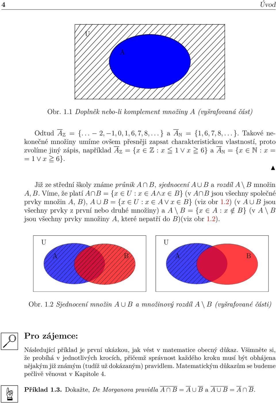 Již ze středí školy záme průik A B, sjedoceí A B a rozdíl A B moži A, B. Víme, že platí A B = {x U : x A x B} (v A B jsou všechy společé prvky moži A, B), A B = {x U : x A x B} (viz obr 1.