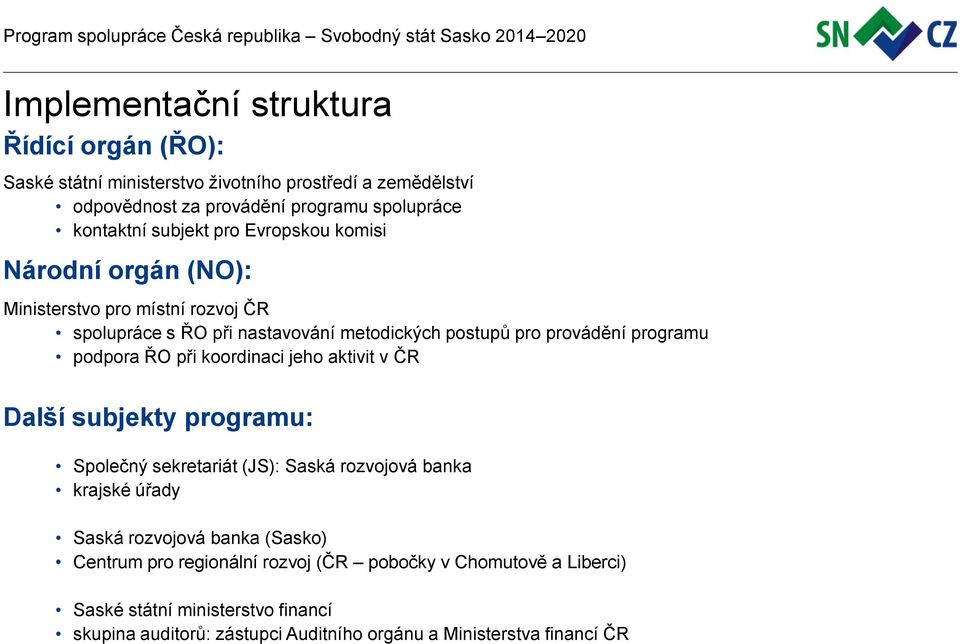 podpora ŘO při koordinaci jeho aktivit v ČR Další subjekty programu: Společný sekretariát (JS): Saská rozvojová banka krajské úřady Saská rozvojová banka (Sasko)