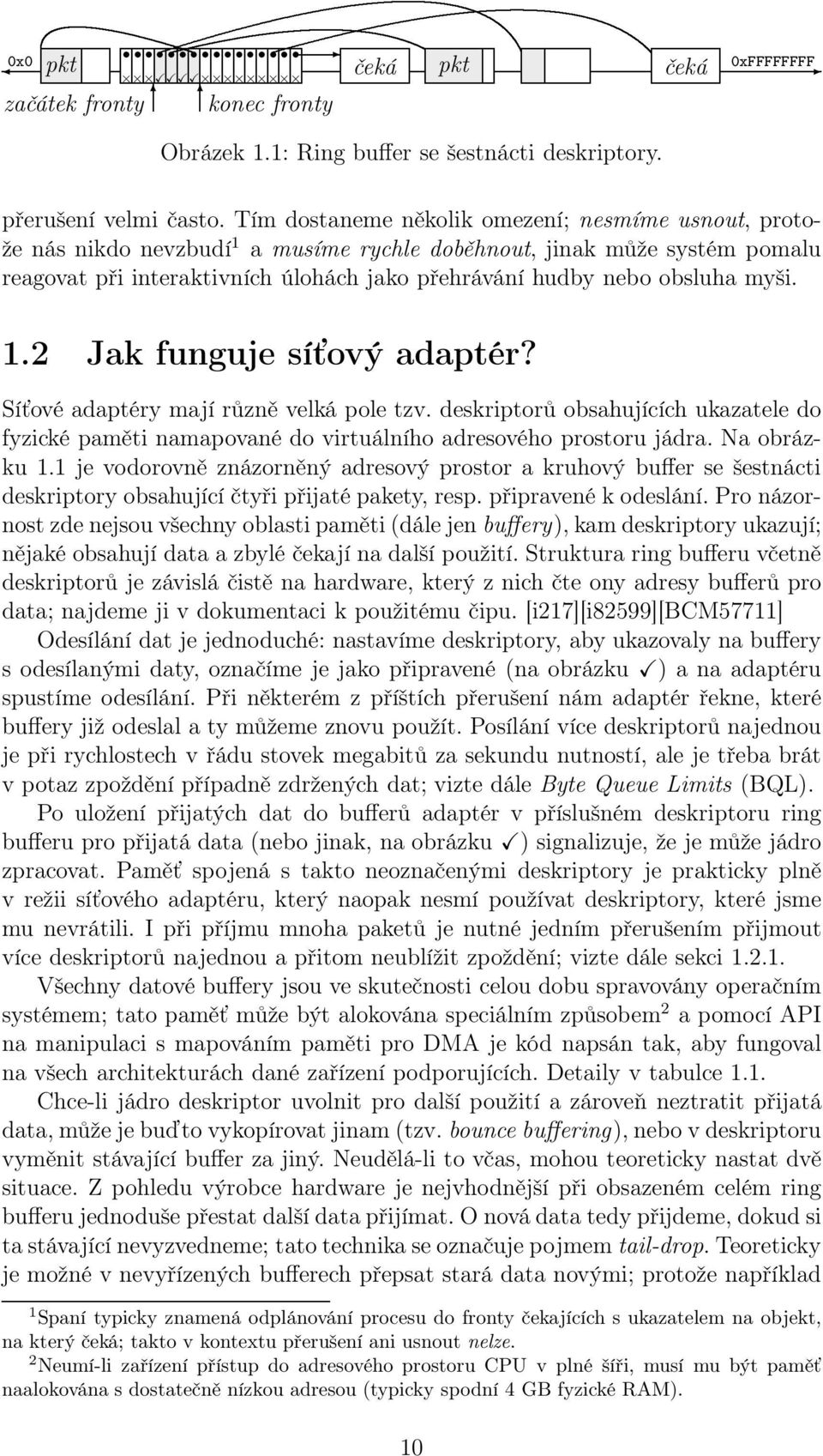 myši. 1.2 Jak funguje síťový adaptér? Síťové adaptéry mají různě velká pole tzv. deskriptorů obsahujících ukazatele do fyzické paměti namapované do virtuálního adresového prostoru jádra. Na obrázku 1.