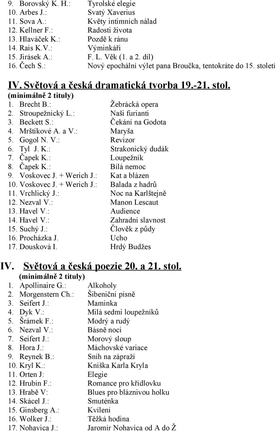 : Naši furianti 3. Beckett S.: Čekání na Godota 4. Mrštíkové A. a V.: Maryša 5. Gogol N. V.: Revizor 6. Tyl J. K.: Strakonický dudák 7. Čapek K.: Loupežník 8. Čapek K.: Bílá nemoc 9. Voskovec J.