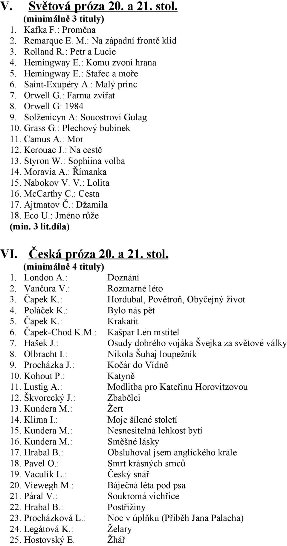 : Sophiina volba 14. Moravia A.: Římanka 15. Nabokov V. V.: Lolita 16. McCarthy C.: Cesta 17. Ajtmatov Č.: Džamila 18. Eco U.: Jméno růže (min. 3 lit.díla) VI. Česká próza 20. a 21. stol.