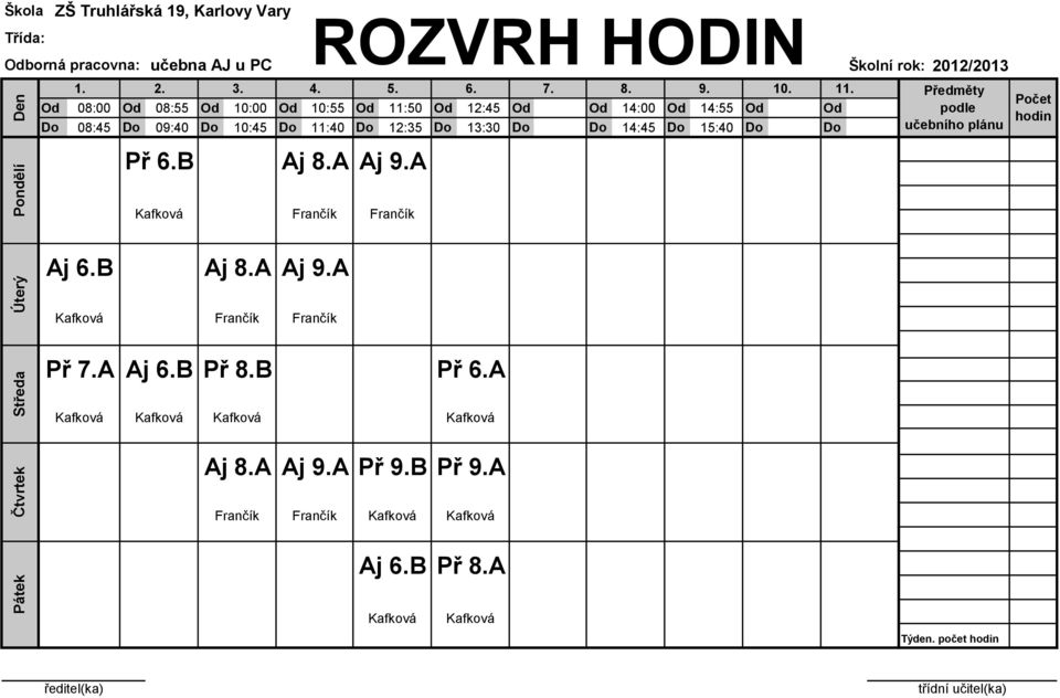 A Školní rok: 0/0 učebního plánu Kafková Frančík Frančík Aj 6.B Aj 8.A Aj 9.A Kafková Frančík Frančík Př 7.