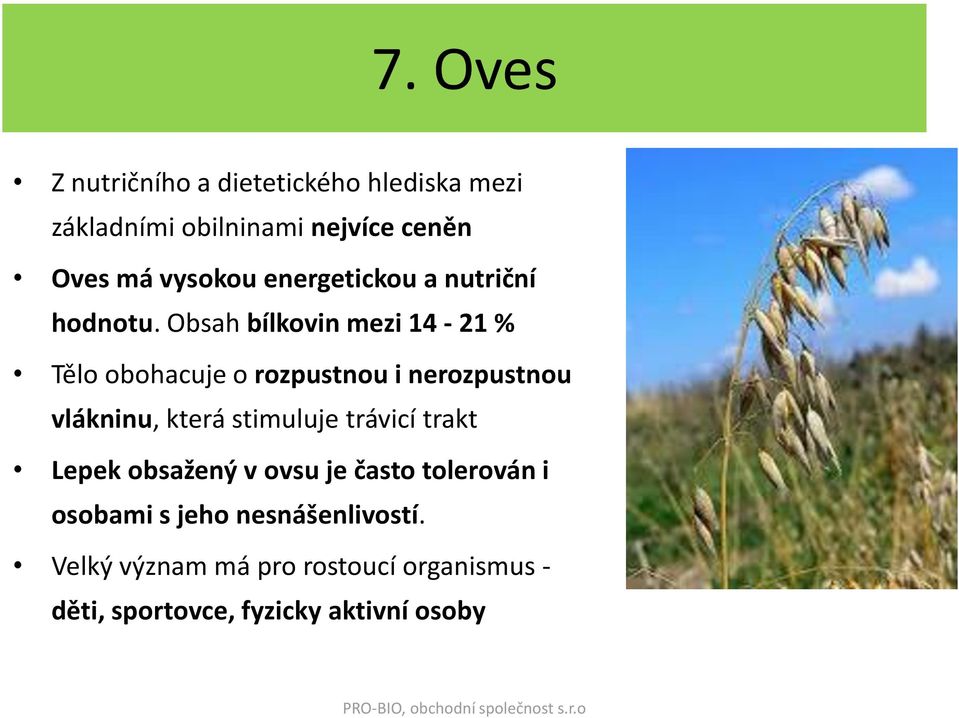 Obsah bílkovin mezi 14-21 % Tělo obohacuje o rozpustnou i nerozpustnou vlákninu, která stimuluje