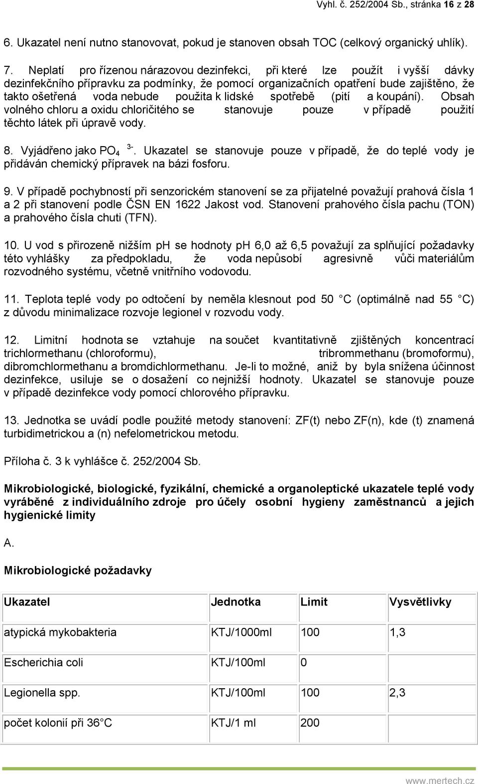 použita k lidské spotřebě (pití a koupání). Obsah volného chloru a oxidu chloričitého se stanovuje pouze v případě použití těchto látek při úpravě vody. 8. Vyjádřeno jako PO 4 3-.