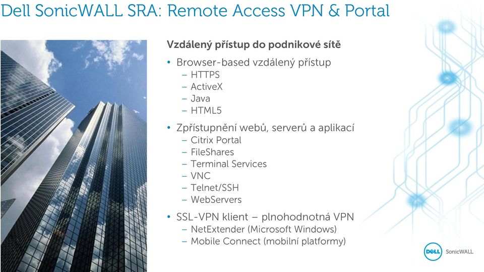 aplikací Citrix Portal FileShares Terminal Services VNC Telnet/SSH WebServers SSL-VPN