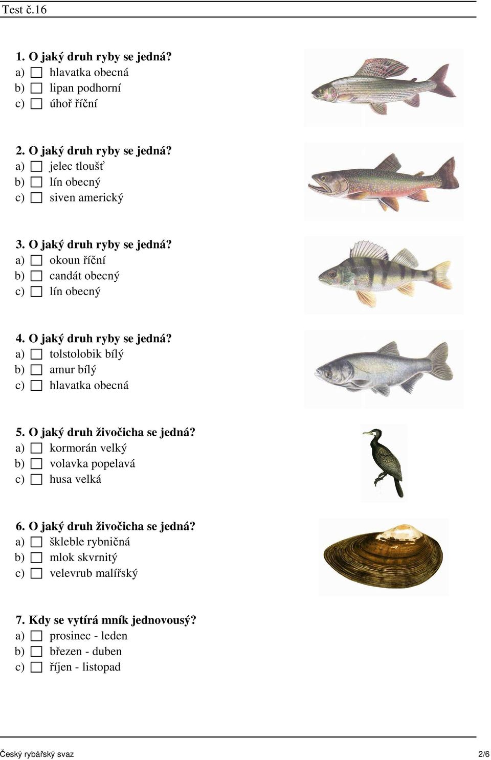 a) tolstolobik bílý b) amur bílý c) hlavatka obecná 5. O jaký druh živočicha se jedná? a) kormorán velký b) volavka popelavá c) husa velká 6.