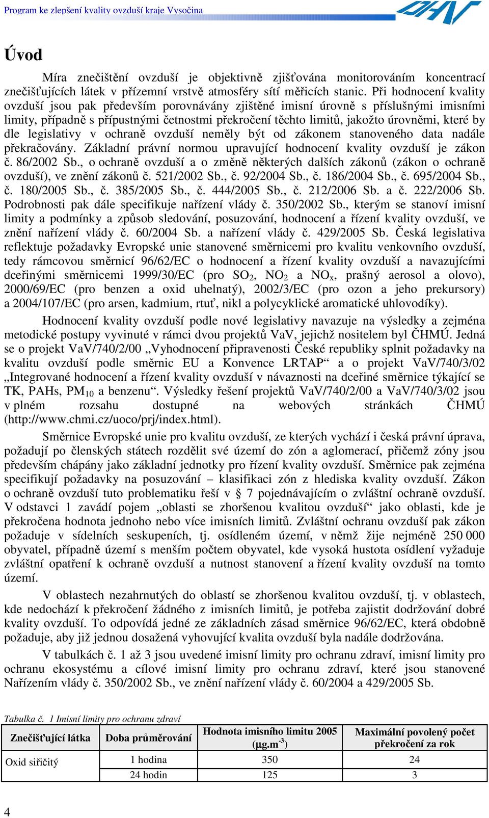 by dle legislativy v ochraně ovzduší neměly být od zákonem stanoveného data nadále překračovány. Základní právní normou upravující hodnocení kvality ovzduší je zákon č. 86/2002 Sb.