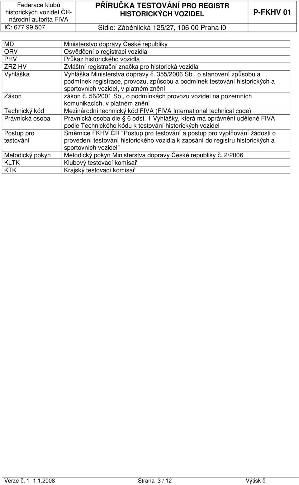 , o podmínkách provozu vozidel na pozemních komunikacích, v platném znění Technický kód Mezinárodní technický kód FIVA (FIVA International technical code) Právnická osoba Právnická osoba dle 6 odst.
