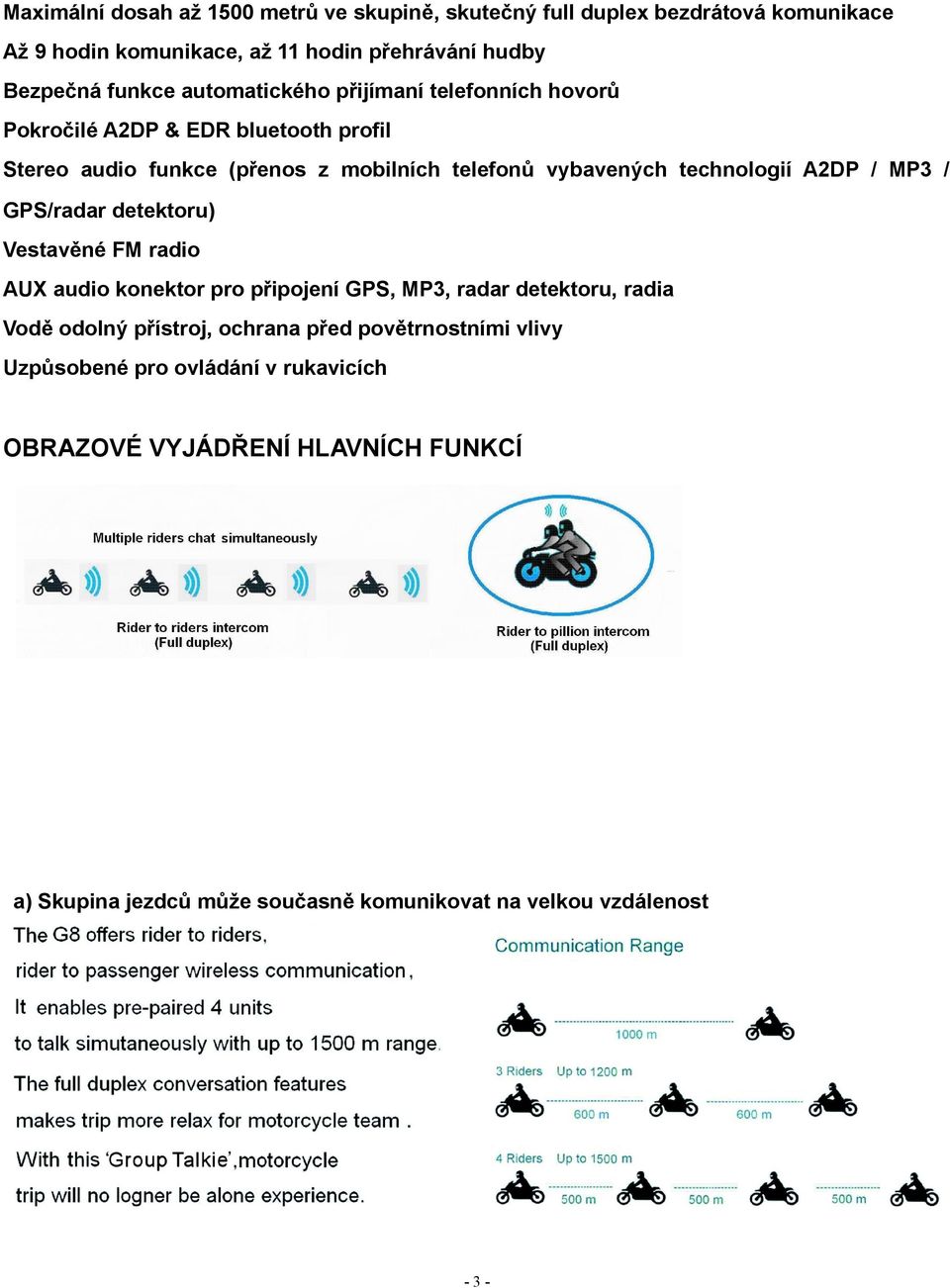 A2DP / MP3 / GPS/radar detektoru) Vestavěné FM radio AUX audio konektor pro připojení GPS, MP3, radar detektoru, radia Vodě odolný přístroj, ochrana před