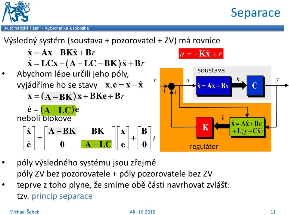 neboli blokově = + A BK BK x B K = + r e 0 A L e 0 regulátor soustava x Ax Bu póly výsledného systému jsou zřejmě póly ZV bez pozorovatele