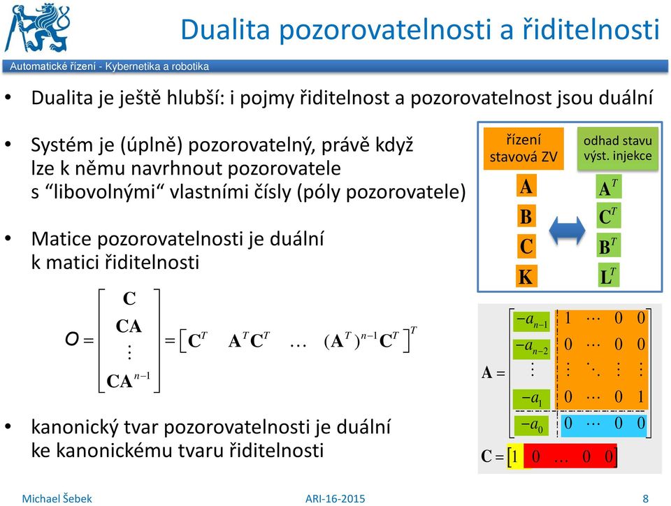 pozorovatelnosti je duální k matici řiditelnosti O A A n 1 = = n 1 A ( A) kanonický tvar pozorovatelnosti je duální ke