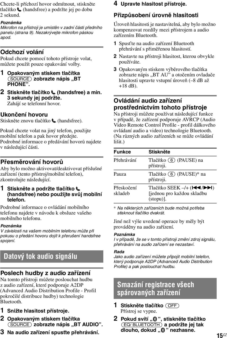 2 Stiskněte tlačítko (handsfree) a min. 3 sekundy jej podržte. Zahájí se telefonní hovor. Ukončení hovoru Stiskněte znovu tlačítko (handsfree).