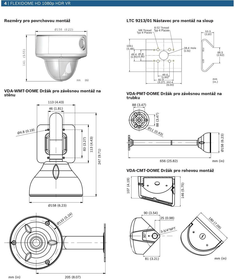 9 (3.27) 152.4 (6.00) mm (in.) VDA-PMT-DOME Držák pro závěsno montáž na trbk 88 (3.47) 88 (3.47) Ø4.8 (0.19) 83 (3.27) 113 (4.43) 247 (9.71) Ø11 (0.43) Ø158 (6.